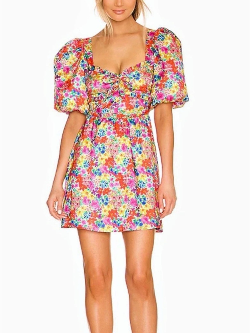 For Love & Lemons Merrill Puff Sleeve Mini Dress Pink Multicolor